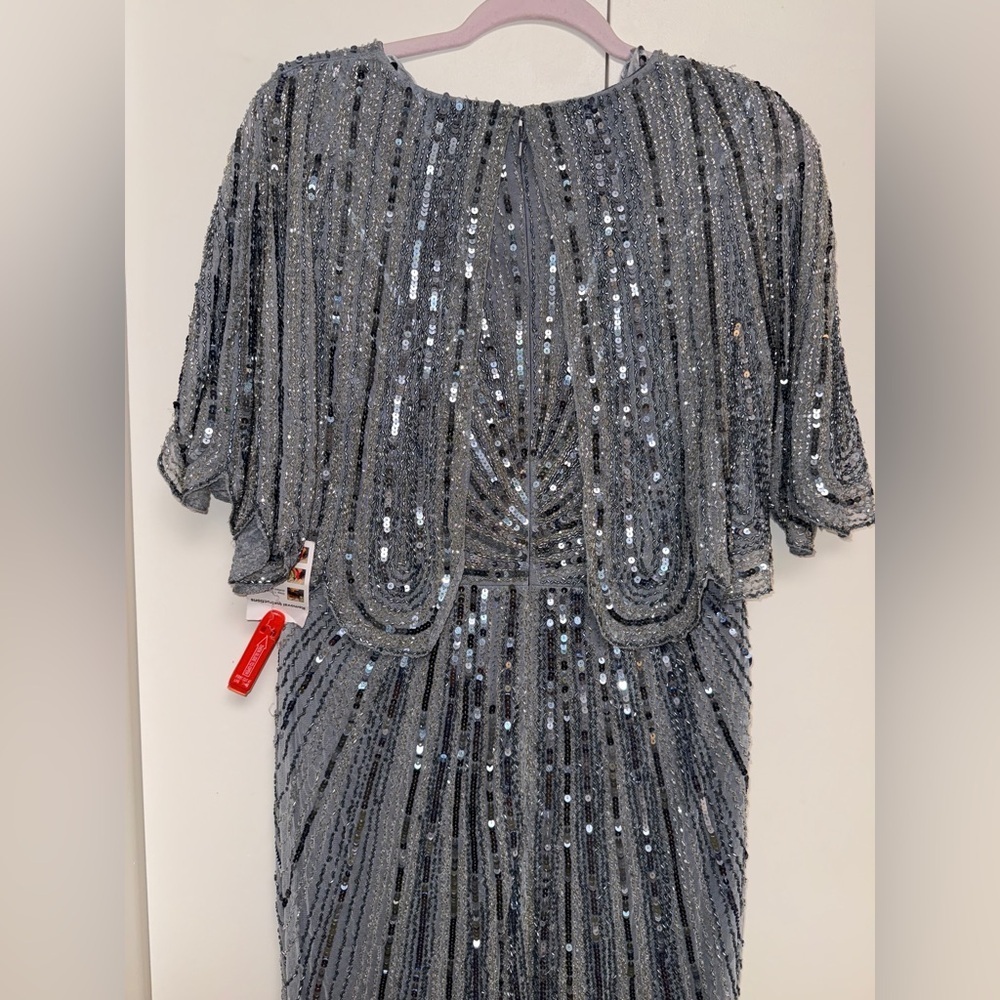 NWT |Mac Duggal 93583 Slate Blue Grey Sequined V Neck Cape Sleeve Gown Size 10 - Picture 15 of 16
